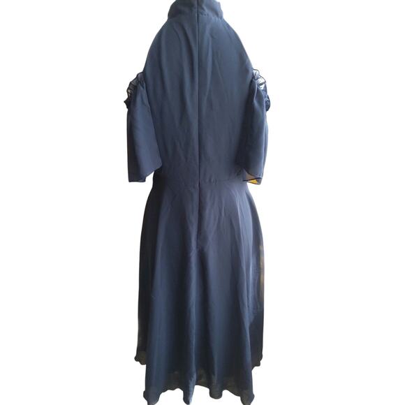 Romantic Flowy Navy ruffled midi dress high neck peekaboo shoulder Sz S - Picture 3 of 8